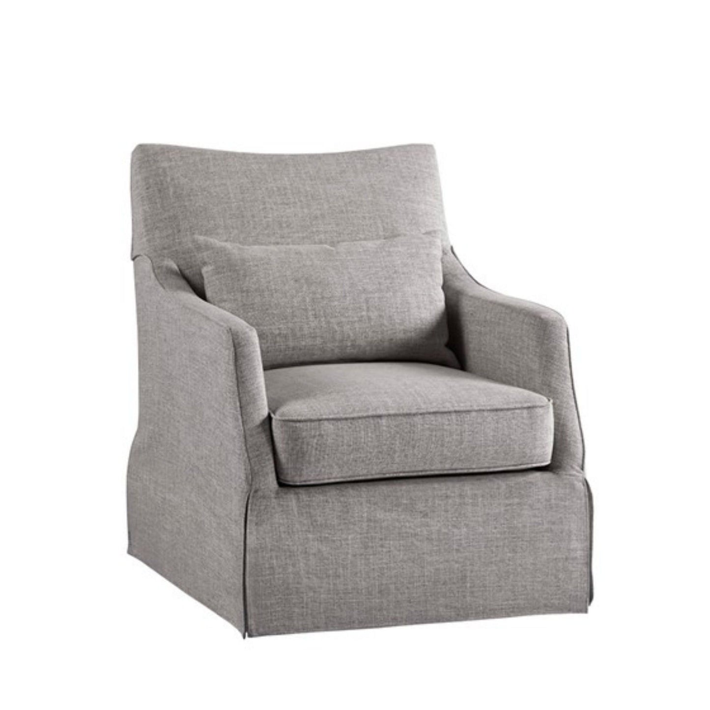 The Traditional Design London Skirted Swivel Chair features light gray upholstery, a loose seat cushion, matching pillow, and slightly flared arms. Its clean look is complemented by a hidden base and classic skirted design.