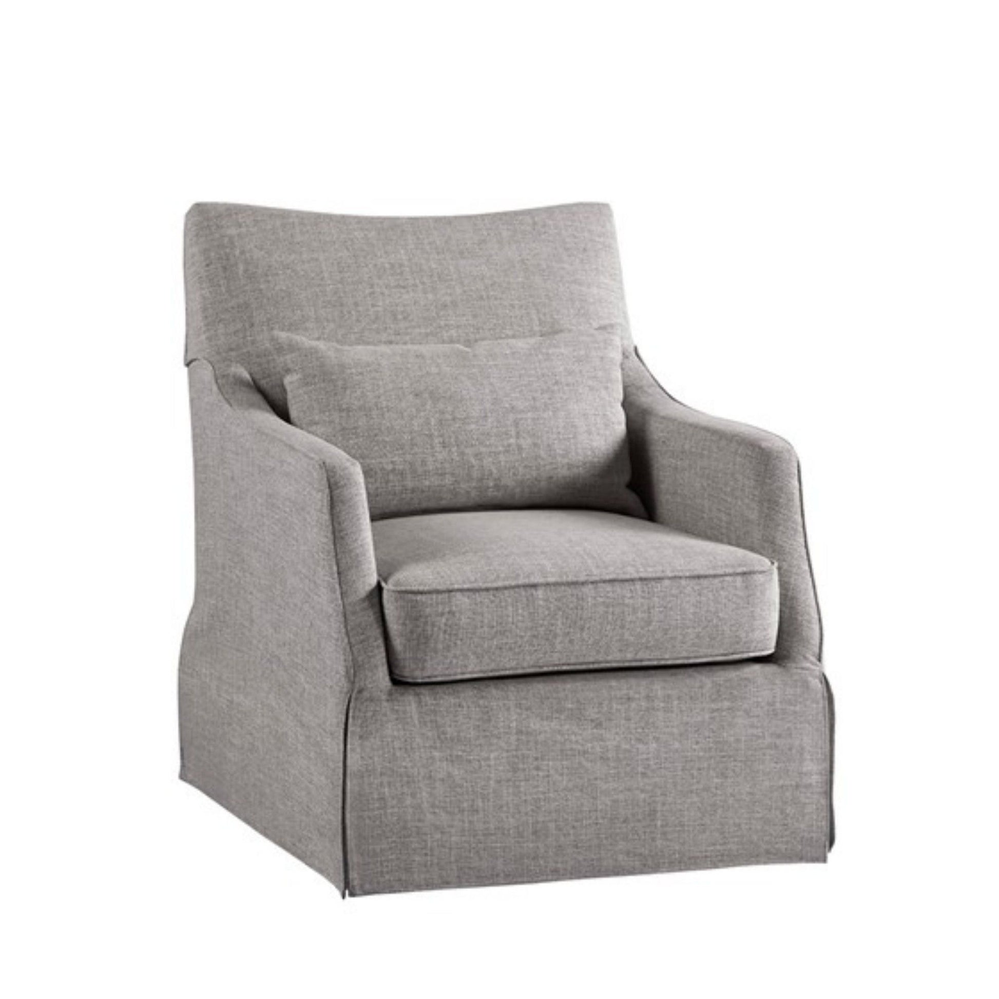 The Traditional Design London Skirted Swivel Chair features light gray upholstery, a loose seat cushion, matching pillow, and slightly flared arms. Its clean look is complemented by a hidden base and classic skirted design.