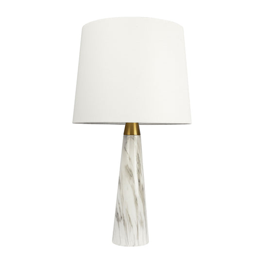 The Enclave Hydro Table Lamp features a gold and white faux marble base with an on/off switch and a large white shade, offering modern style for any room.