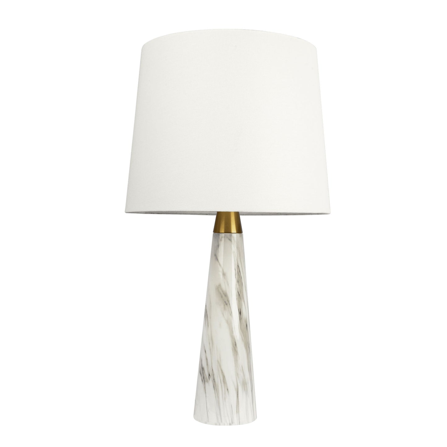 The Enclave Hydro Table Lamp features a gold and white faux marble base with an on/off switch and a large white shade, offering modern style for any room.