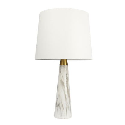 The Enclave Hydro Table Lamp features a gold and white faux marble base with an on/off switch and a large white shade, offering modern style for any room.