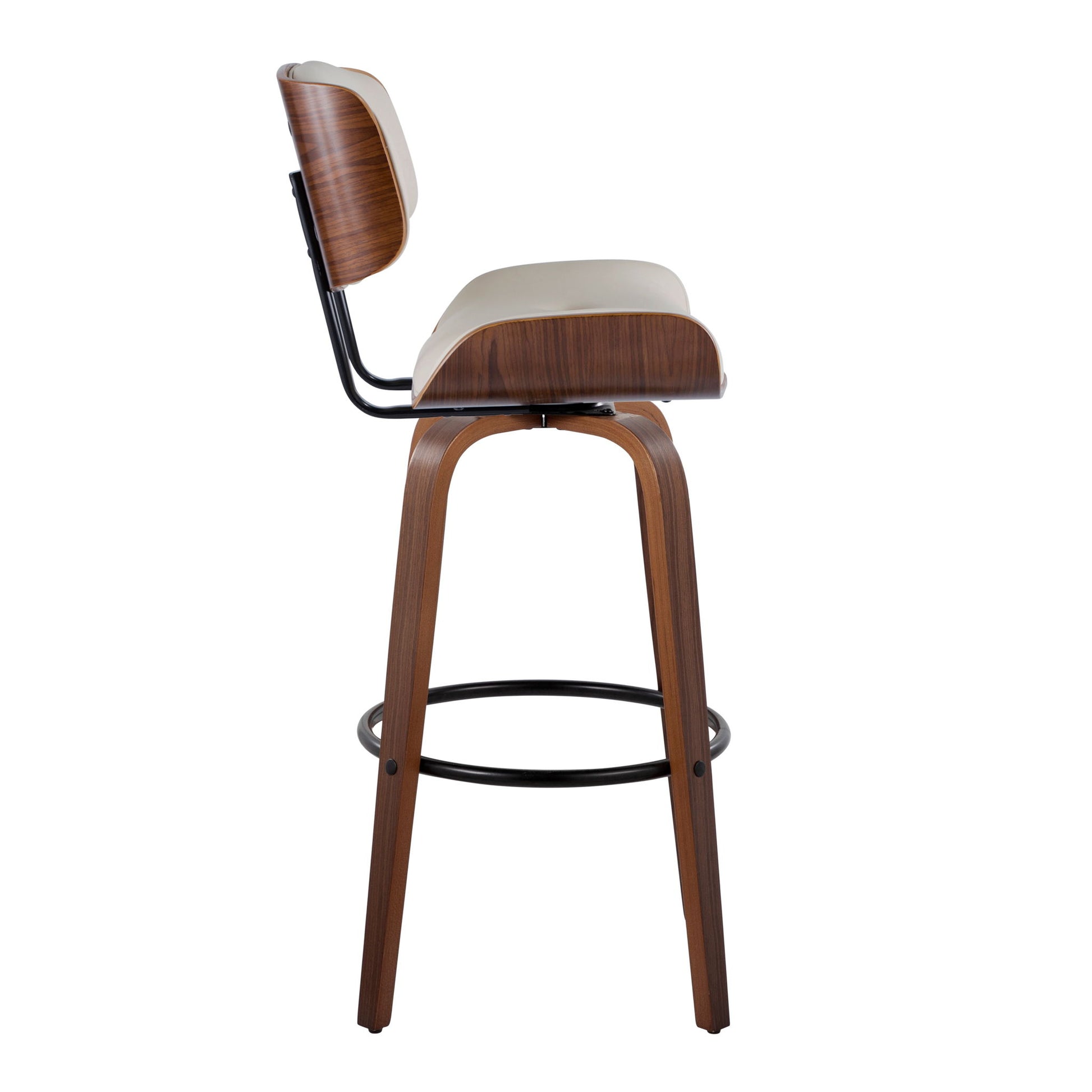 The Lombardi Mid-Century Modern Fixed Height Barstool with Swivel (Set of 2) features wooden legs, a curved wooden backrest, black metal supports, and a light beige cushioned seat and back, shown in side profile with a round footrest.