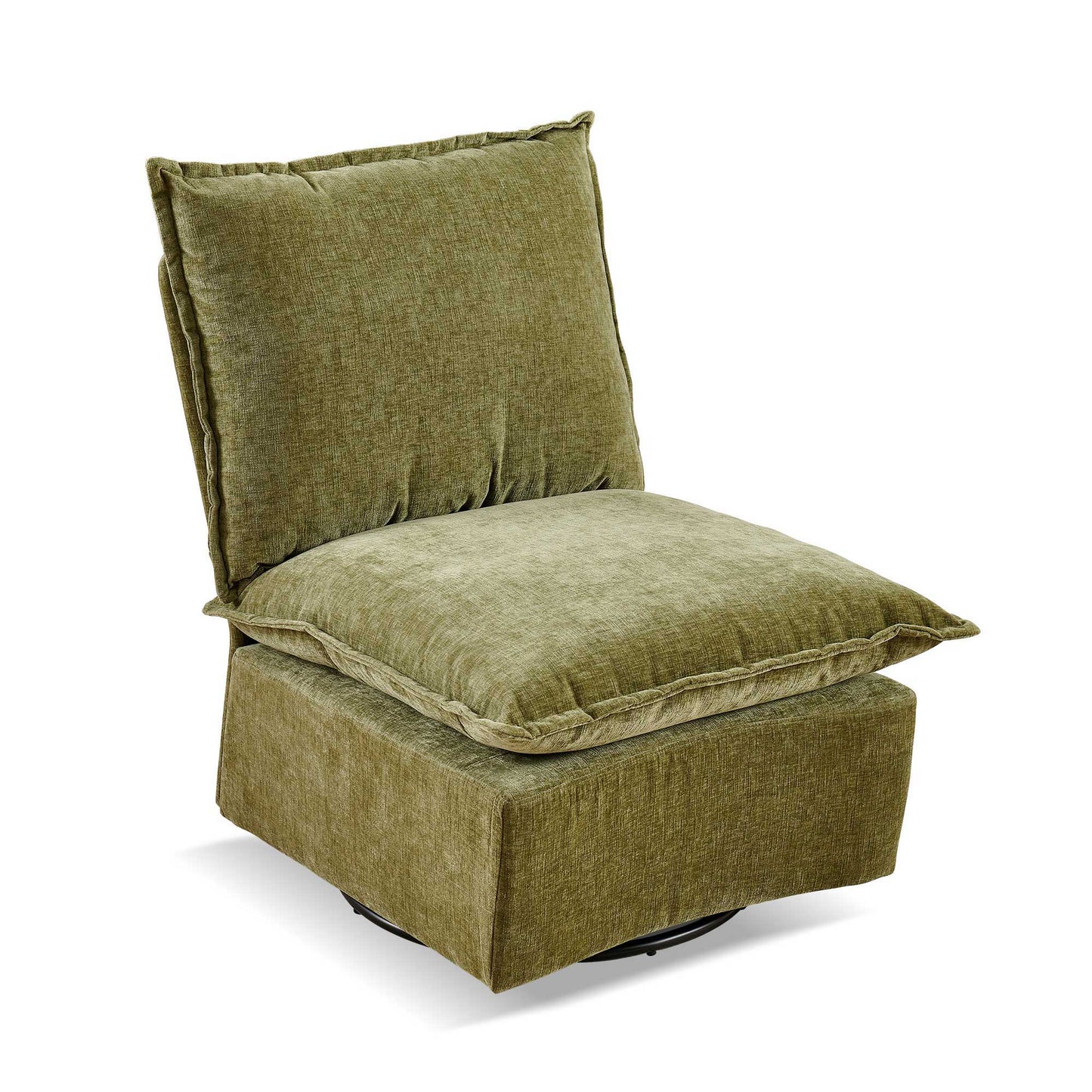 The Detachable Chenille Single 360 Swivel Rocking Rocker is a green, armless chair with plush, overstuffed square cushions and textured upholstery. Its boxy base and comfortable seat make it ideal for living rooms or bedrooms.