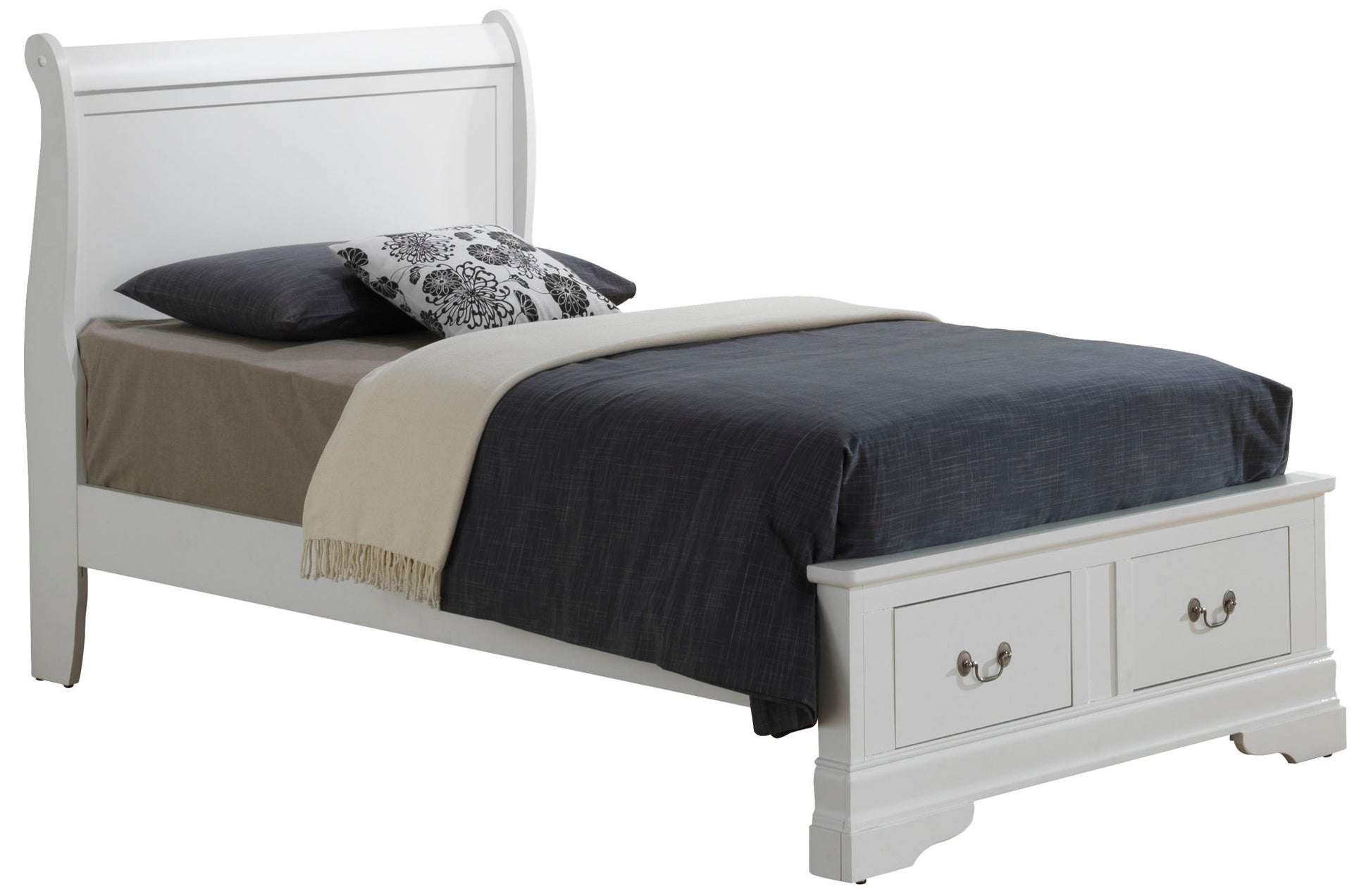 The Louis Phillipe - Storage Bed is a white wooden single bed with matching headboard and footboard, two storage drawers, and comes styled with a gray blanket, brown sheet, dark pillow, and a floral decorative pillow.
