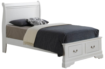 The Louis Phillipe - Storage Bed is a white wooden single bed with matching headboard and footboard, two storage drawers, and comes styled with a gray blanket, brown sheet, dark pillow, and a floral decorative pillow.