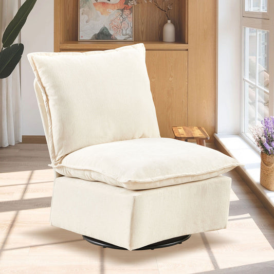 The Detachable Chenille Single 360 Swivel Rocking Rocker offers comfortable seating in a sunlit room with wooden floors, a bookcase, potted plants, and large windows that let in plenty of natural light.