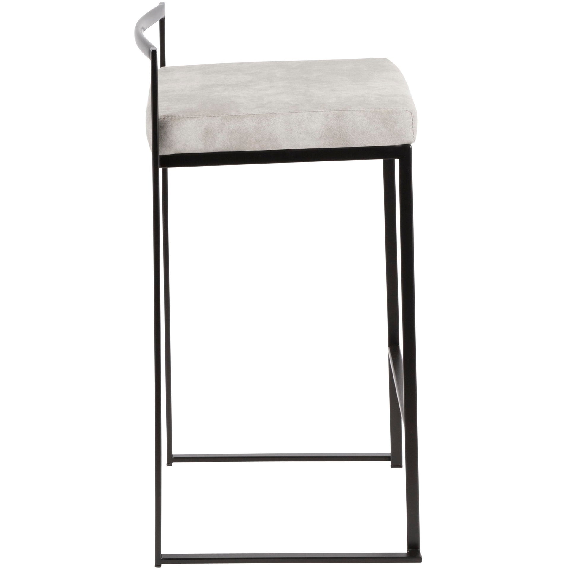 Side view of the Fuji - Contemporary Style Stackable Counter Stool featuring a thin black metal frame, square light gray cushioned seat, and minimalist curved backrest for a sleek, modern look.