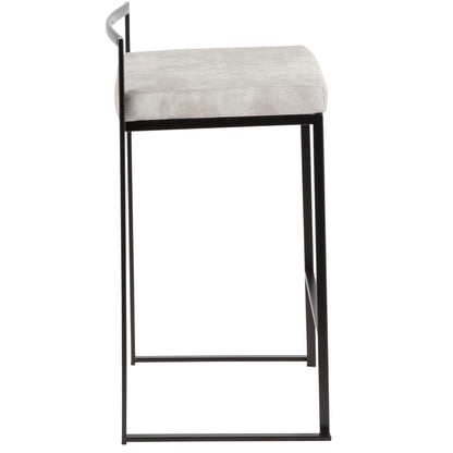 Side view of the Fuji - Contemporary Style Stackable Counter Stool featuring a thin black metal frame, square light gray cushioned seat, and minimalist curved backrest for a sleek, modern look.