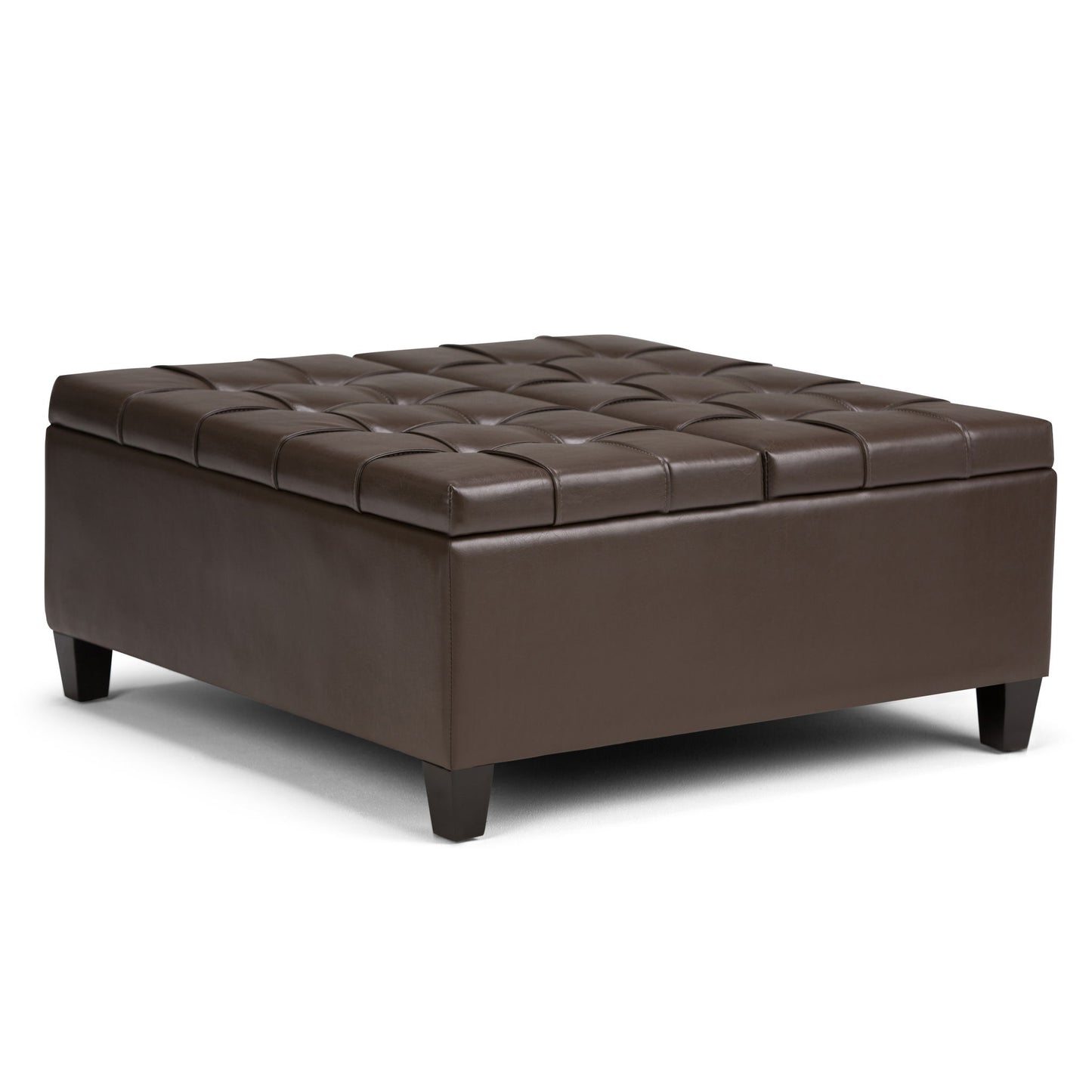 The Harrison Upholstered Coffee Table Storage Ottoman is large, square, and dark brown with a tufted leather top and short tapered wooden legs, shown against a white background.