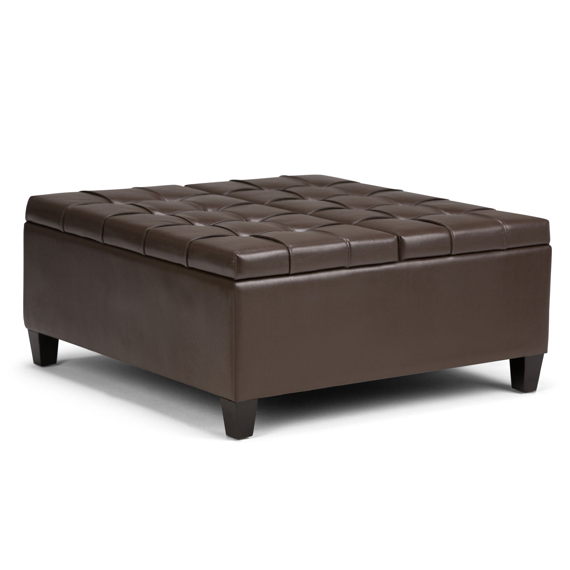 The Harrison Upholstered Coffee Table Storage Ottoman is large, square, and dark brown with a tufted leather top and short tapered wooden legs, shown against a white background.