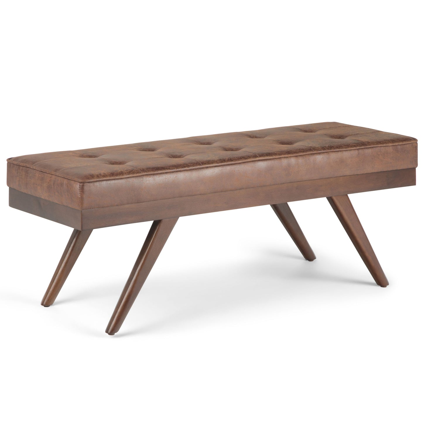 The Pierce - Mid Century Upholstered Ottoman Bench features a tufted brown leather seat and angled wooden legs, shown from a slight angle against a white background.