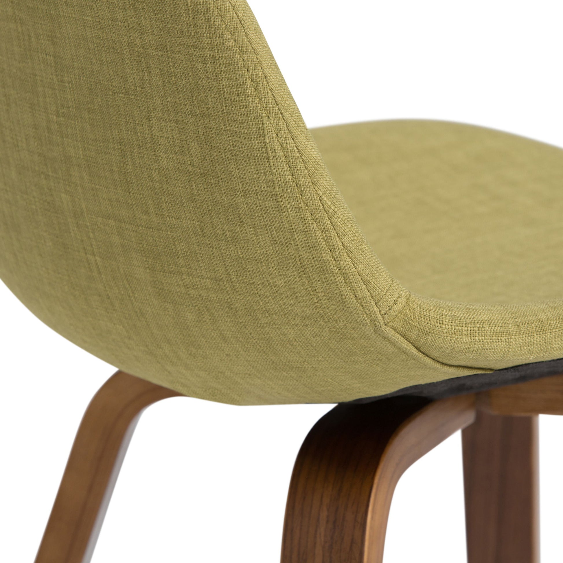 Close-up of the Randolph Bentwood - Counter / Bar Height Stool (Set of 2), featuring a light green fabric seat and backrest with curved wooden legs, set against a white background.