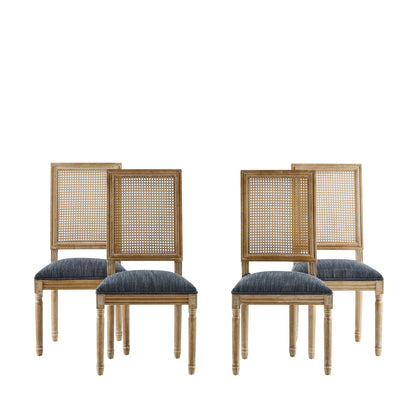 Four French Country Dining Chairs with rectangular cane backrests and smooth upholstered seats are arranged in two pairs against a white background.