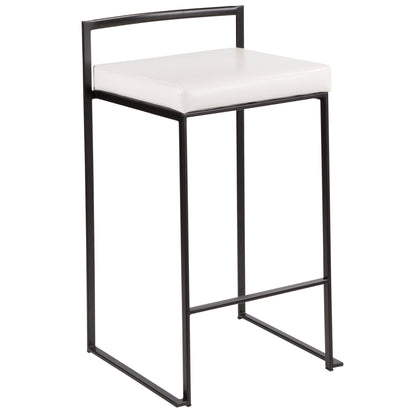The Fuji - Contemporary Style Stackable Counter Stool features a minimalist black metal frame, white cushioned seat, low backrest, and open sides for a modern look.