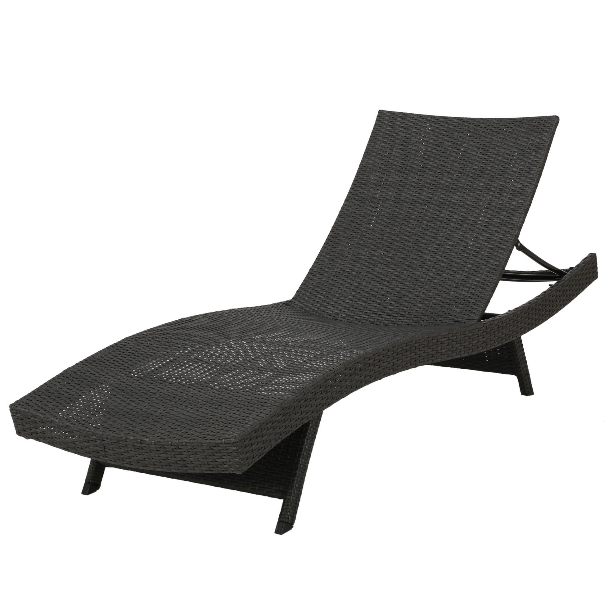 The Salem - Chaise Lounge is a black woven outdoor chair with an adjustable backrest and a sleek, modern design, shown against a white background.