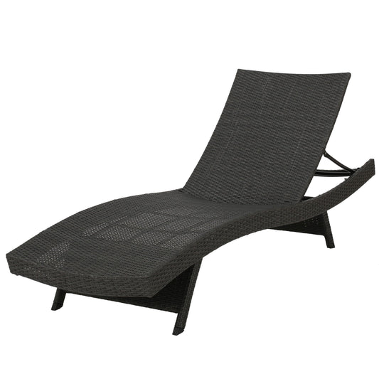 The Salem - Chaise Lounge is a black woven outdoor chair with an adjustable backrest and a sleek, modern design, shown against a white background.