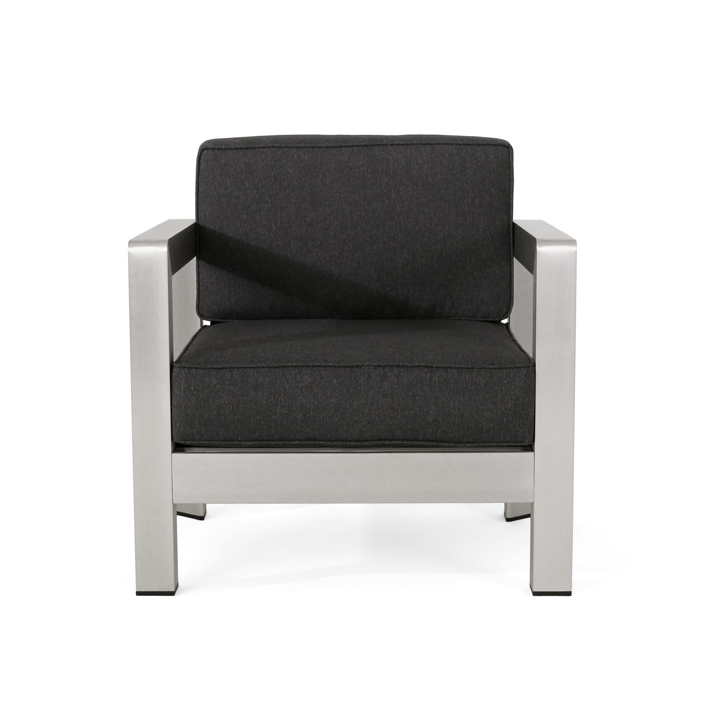 The Aviara - Luxurious Outdoor Club Chair features a matte silver metal frame with dark gray cushioned seat and backrest, displayed front-facing against a white background.