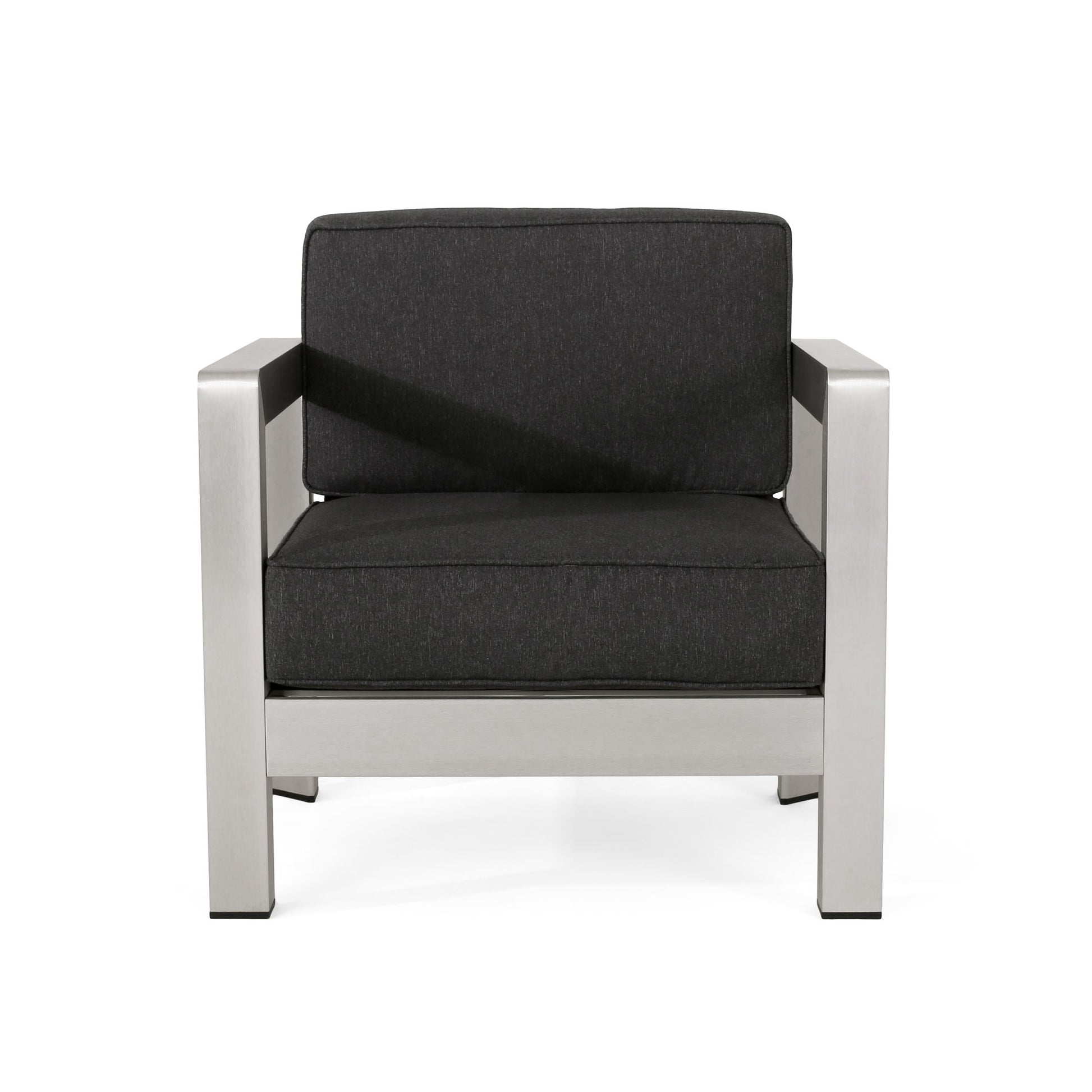 The Aviara - Luxurious Outdoor Club Chair features a matte silver metal frame with dark gray cushioned seat and backrest, displayed front-facing against a white background.