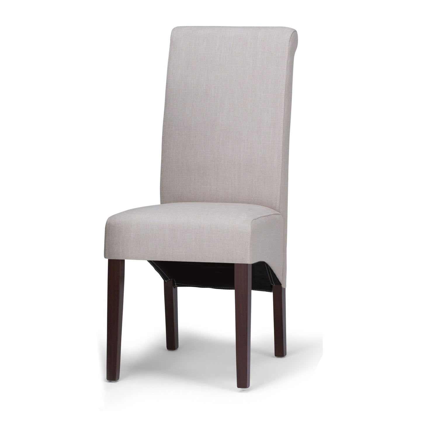 The Avalon - Deluxe Parson Dining Chair (Set of 2) features tall, upholstered beige backrests and seats with simple, elegant lines, supported by four straight dark wooden legs for a modern dining room look.