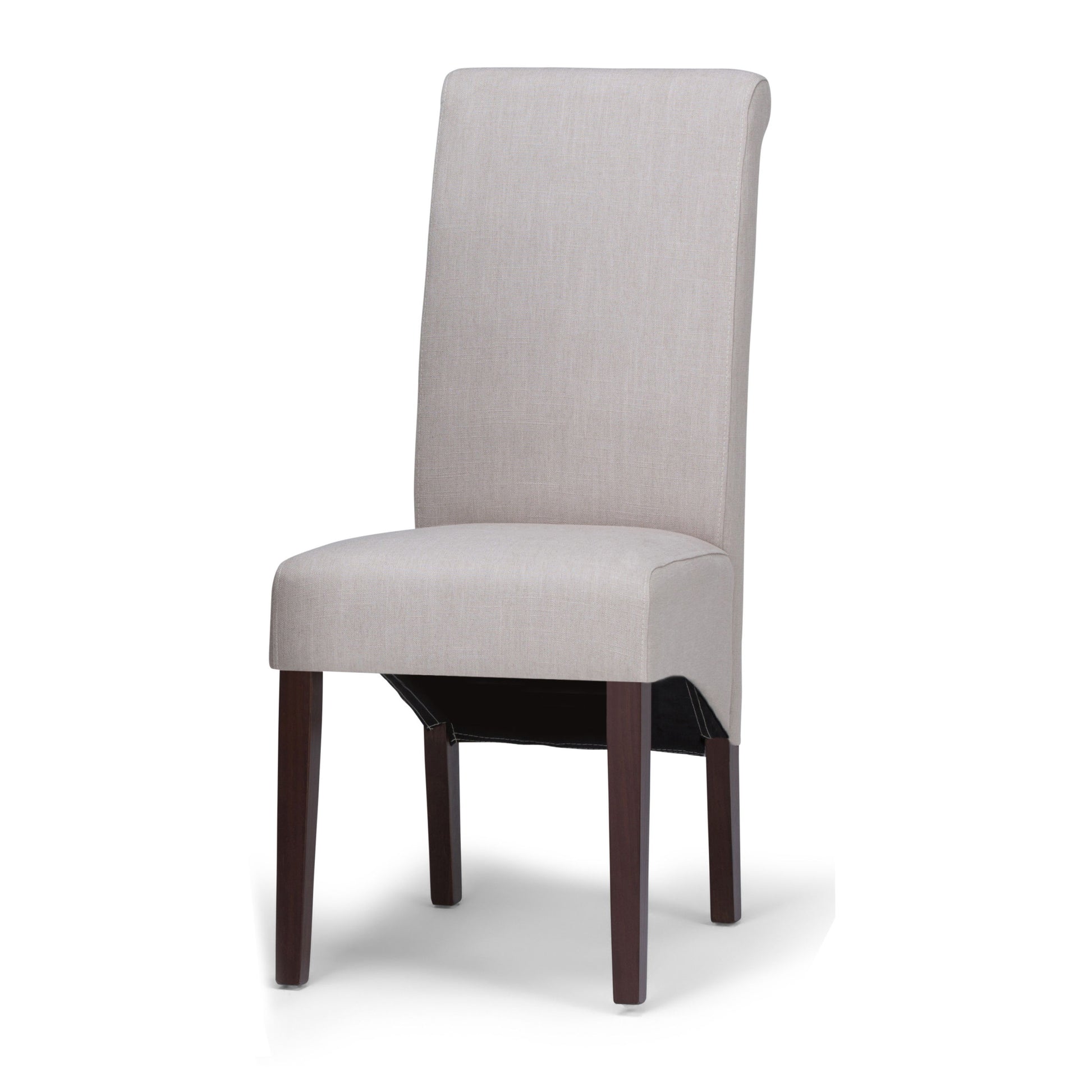 The Avalon - Deluxe Parson Dining Chair (Set of 2) features tall, upholstered beige backrests and seats with simple, elegant lines, supported by four straight dark wooden legs for a modern dining room look.