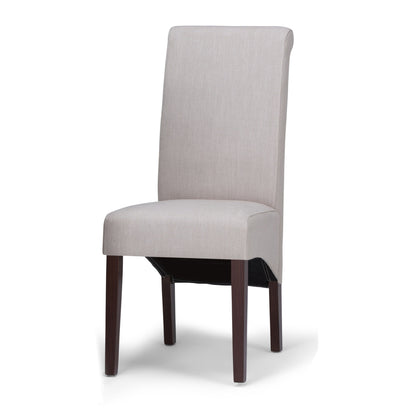 The Avalon - Deluxe Parson Dining Chair (Set of 2) features tall, upholstered beige backrests and seats with simple, elegant lines, supported by four straight dark wooden legs for a modern dining room look.