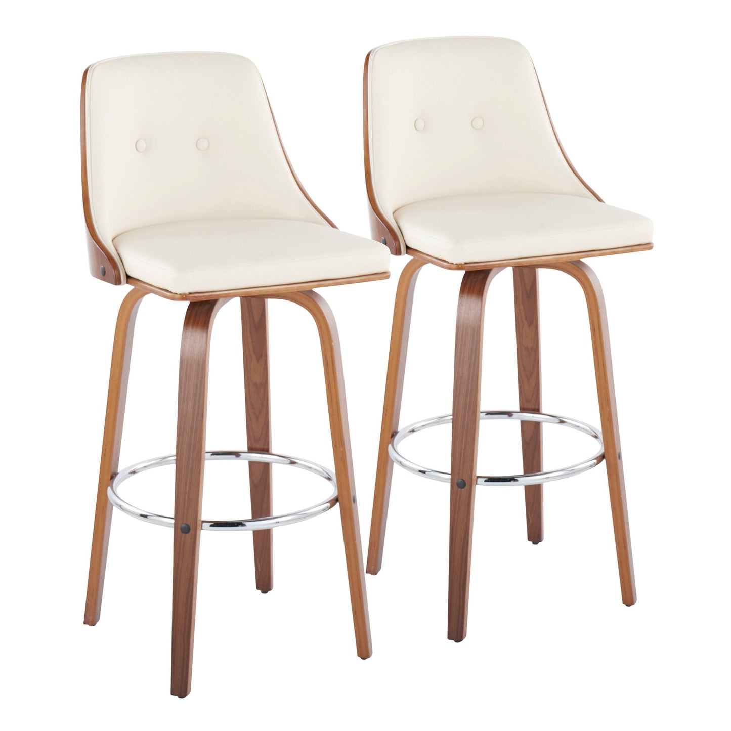 The Gianna Mid Century Modern Fixed Height Barstools (Set of 2) feature cream cushioned seats and backs, wooden frames and legs, and round chrome footrests, shown side by side on a white background.