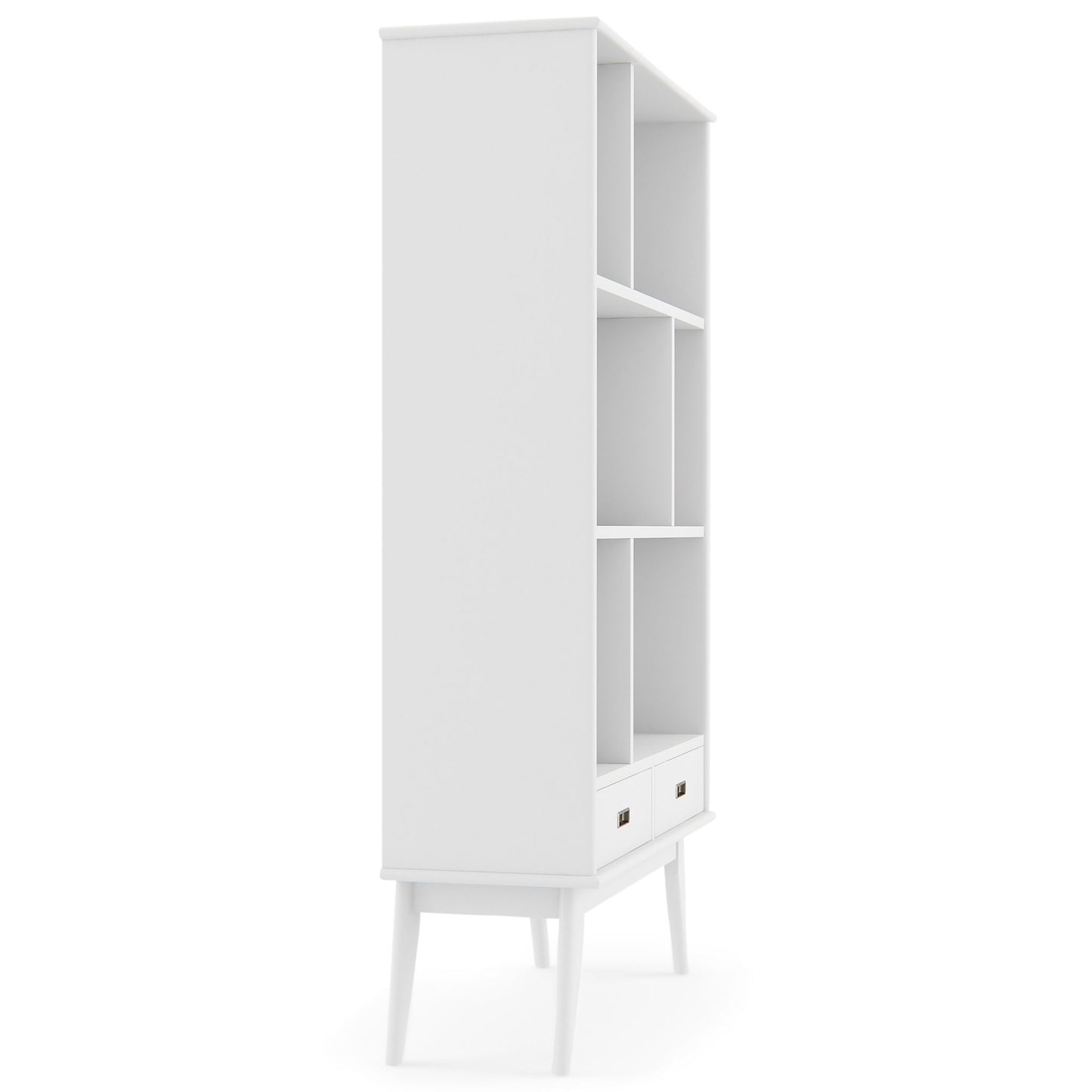 The Draper Mid Century Wide Bookcase and Storage Unit is a tall, white piece featuring three open shelves, two bottom drawers, and four tapered legs. Shown in side view against a white background.