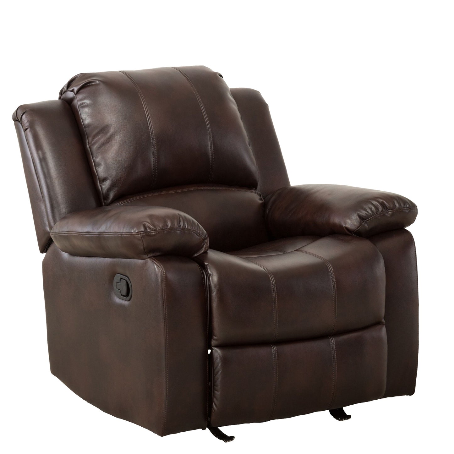 The Charlotte Glider Recliner features classic style with dark brown leather, plush cushions, wide armrests, a side lever for reclining, visible stitching, and a padded backrest for comfort.