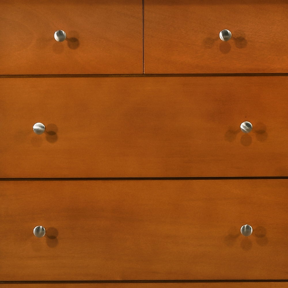 The Elegant Casual Dresser For Any Room features a warm brown finish and six drawers with round silver knobs, arranged as two smaller drawers on top and four larger ones below.