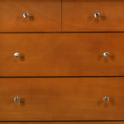 The Elegant Casual Dresser For Any Room features a warm brown finish and six drawers with round silver knobs, arranged as two smaller drawers on top and four larger ones below.