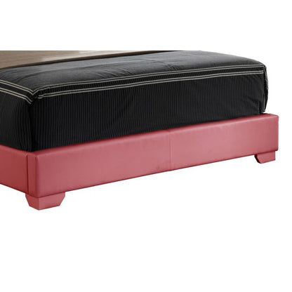 A close-up of the Elegant Platform Bed For Relaxed Spaces, featuring a black striped mattress and a pink upholstered frame with short legs.