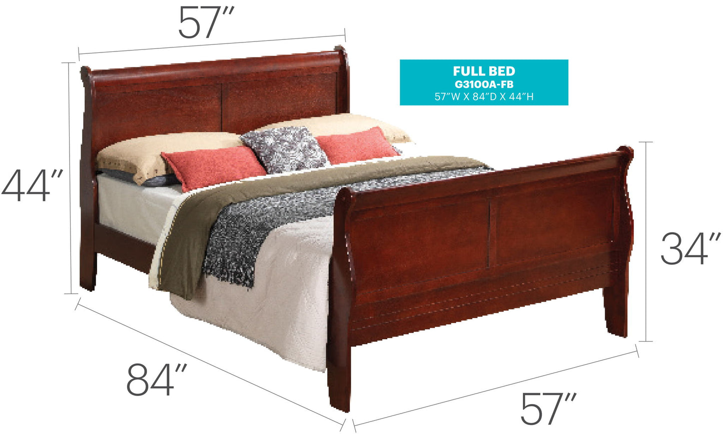 The Panel Sleigh Bed features a high headboard (44") and low footboard (34"), measures 57"W x 84"D, and is styled with layered white, gray, and beige bedding plus multiple pillows.