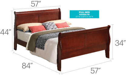 The Panel Sleigh Bed features a high headboard (44") and low footboard (34"), measures 57"W x 84"D, and is styled with layered white, gray, and beige bedding plus multiple pillows.