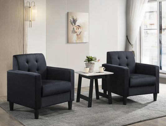 The Hale - Velvet Armchairs And End Table Living Room (Set of 3) features two dark blue velvet armchairs facing each other with a white marble-top table between them, styled with decor on a gray rug and accented by wall art, a lamp, and sheer-curtained windows.