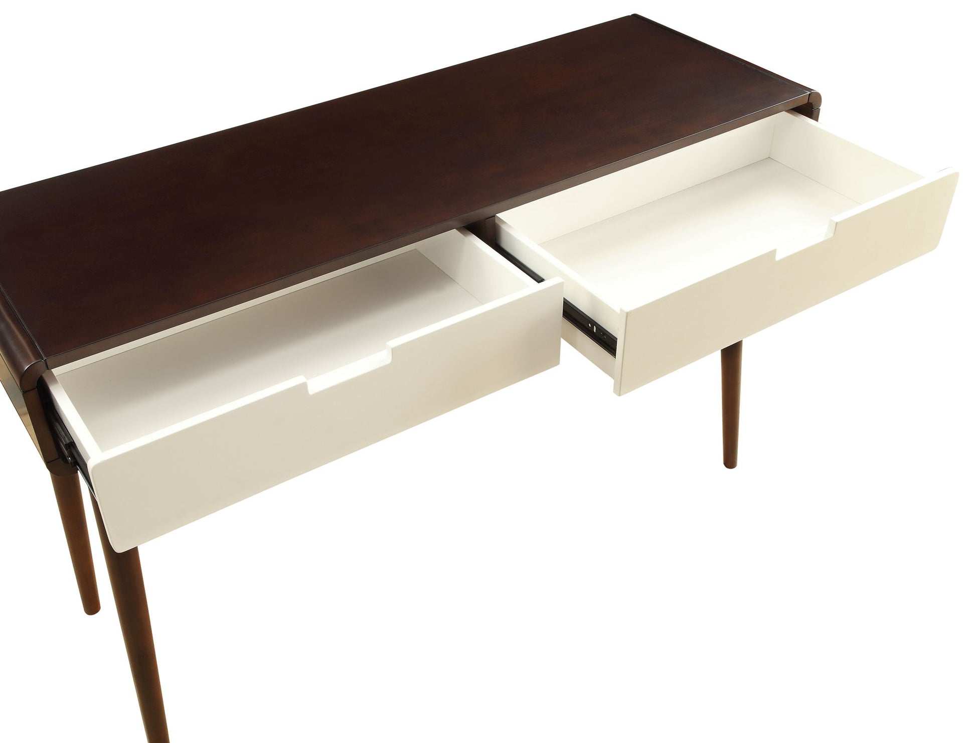 The Christa Sofa Table in White/Espresso features a dark brown top, four legs, and two open white drawers with empty interiors.