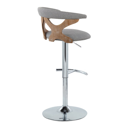 The Gardenia Contemporary Adjustable Barstool (Set of 2) features a chrome base, rounded T footrest, swivel function, light gray upholstered seat and backrest, and a curved wooden accent for a sleek, modern look.