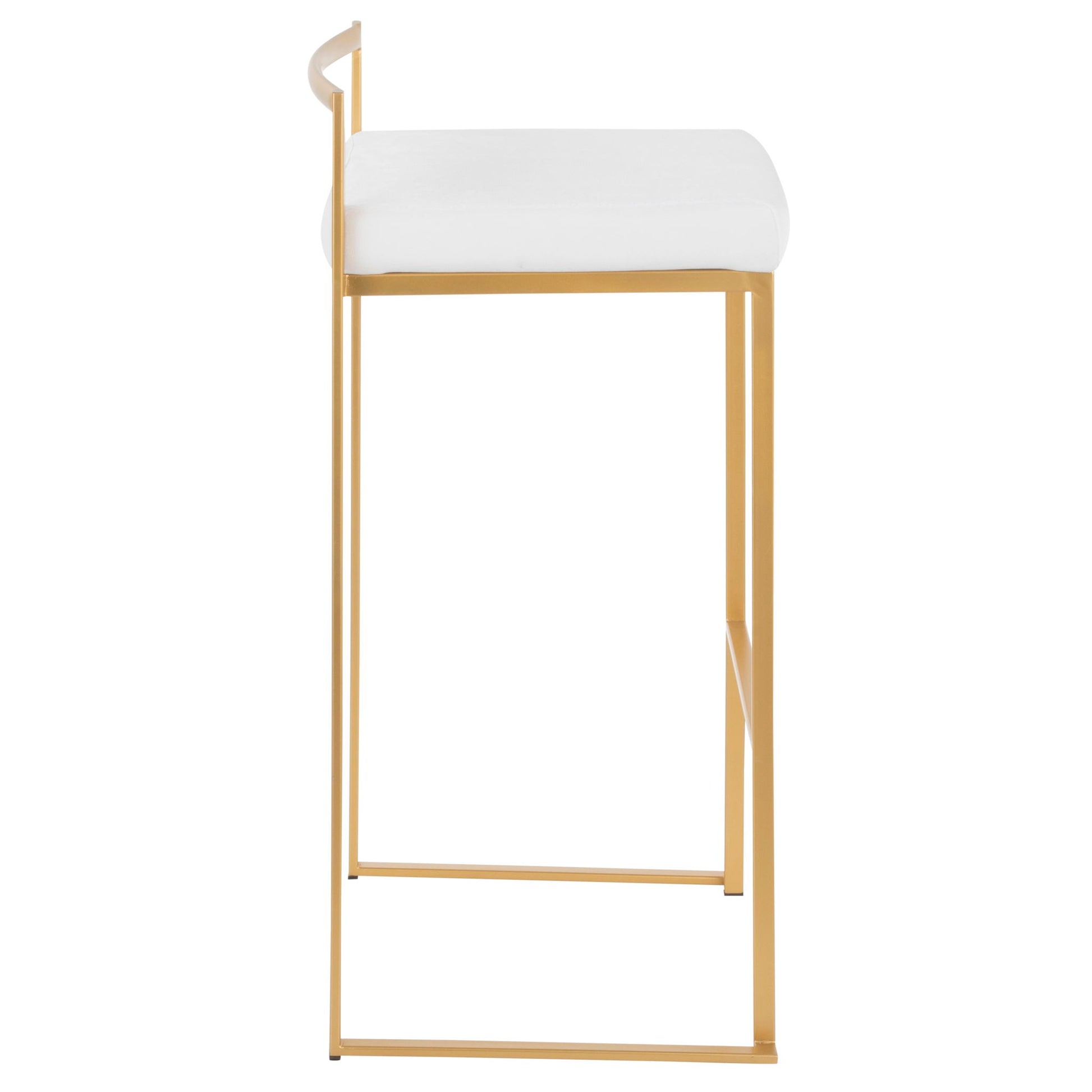 The Fuji barstool features a gold metal frame, backless white cushioned seat, and a sleek minimalist design for a contemporary glam look with quality construction.