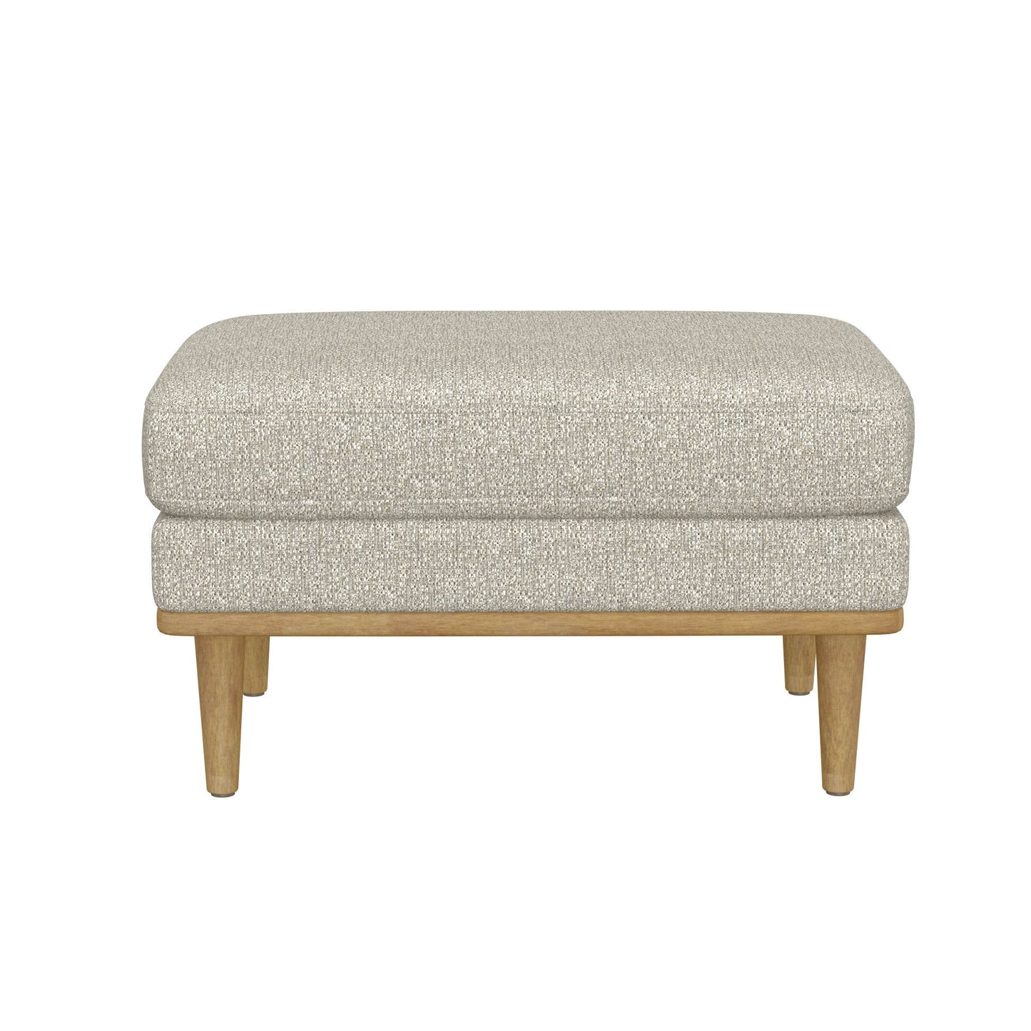 The Revel Chair Ottoman in tan features a rectangular upholstered design with wooden legs, displayed against a white background.
