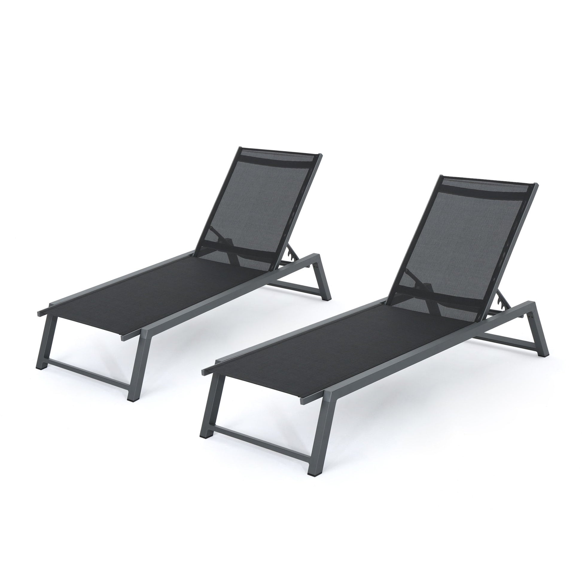 The Myers Modern Chaise Lounge Set features two outdoor chairs with adjustable black mesh backs and metal frames, shown side by side on a white background.