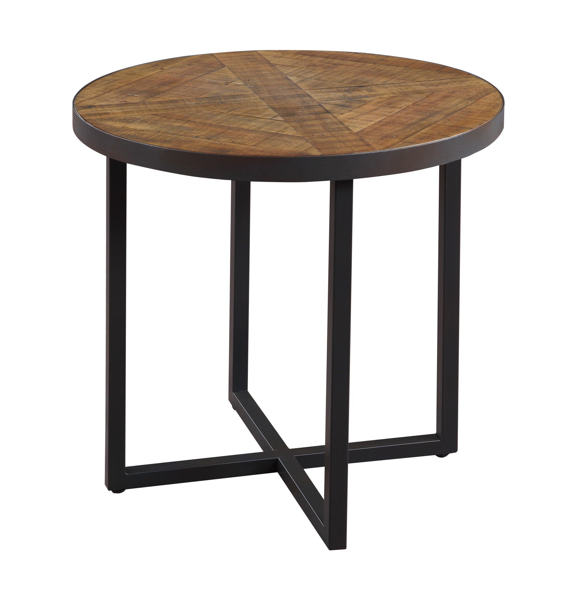 The Faro Round Table features a brown geometric wood top and a black metal frame with four legs arranged in an intersecting crisscross design at the base.