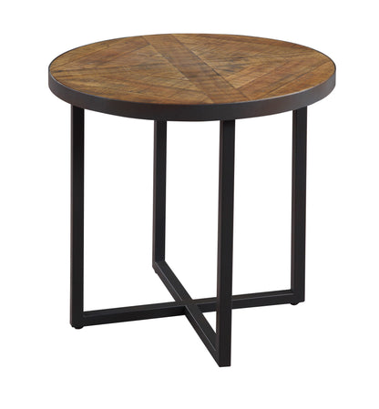 The Faro Round Table features a brown geometric wood top and a black metal frame with four legs arranged in an intersecting crisscross design at the base.
