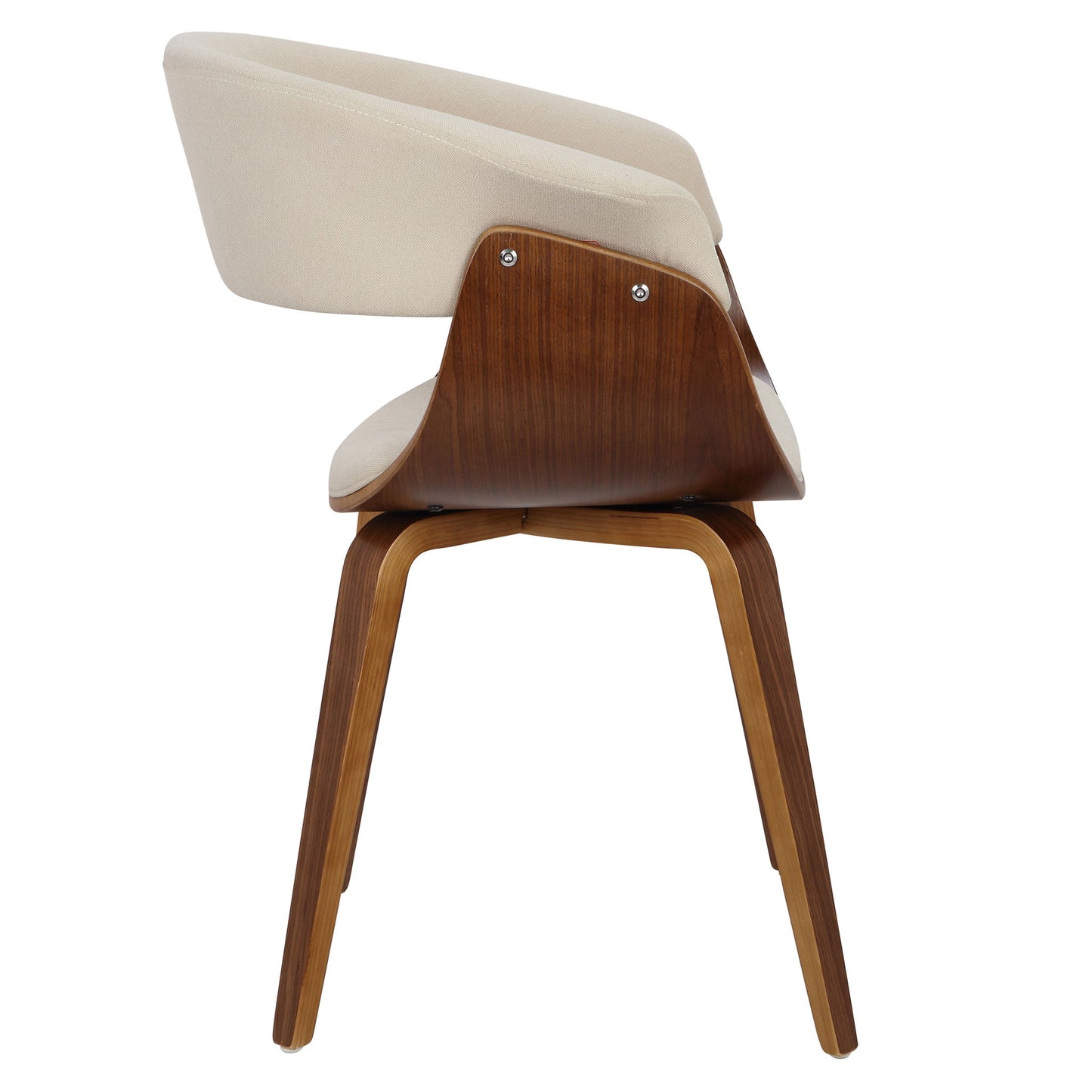 Side view of the Vintage Mod - Mid Century Modern Dining Chair (Set of 2) featuring a beige upholstered seat and backrest, curved wooden frame with angled legs, and stylish silver bolt accents.