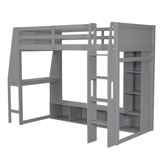 Gaming Loft Bed With Desk, Multi Storage Shelves, LED Lighting, And Hanging Clothes Rack