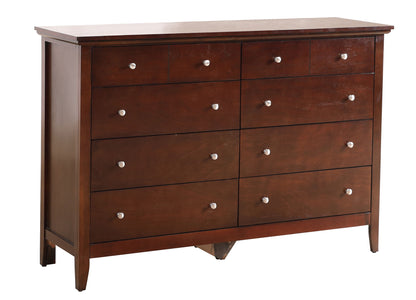 The Elegant Casual Dresser For Any Room is a dark brown wooden dresser with nine drawers, each with a round silver knob. Featuring a simple modern design, it stands on four short legs and suits any space.