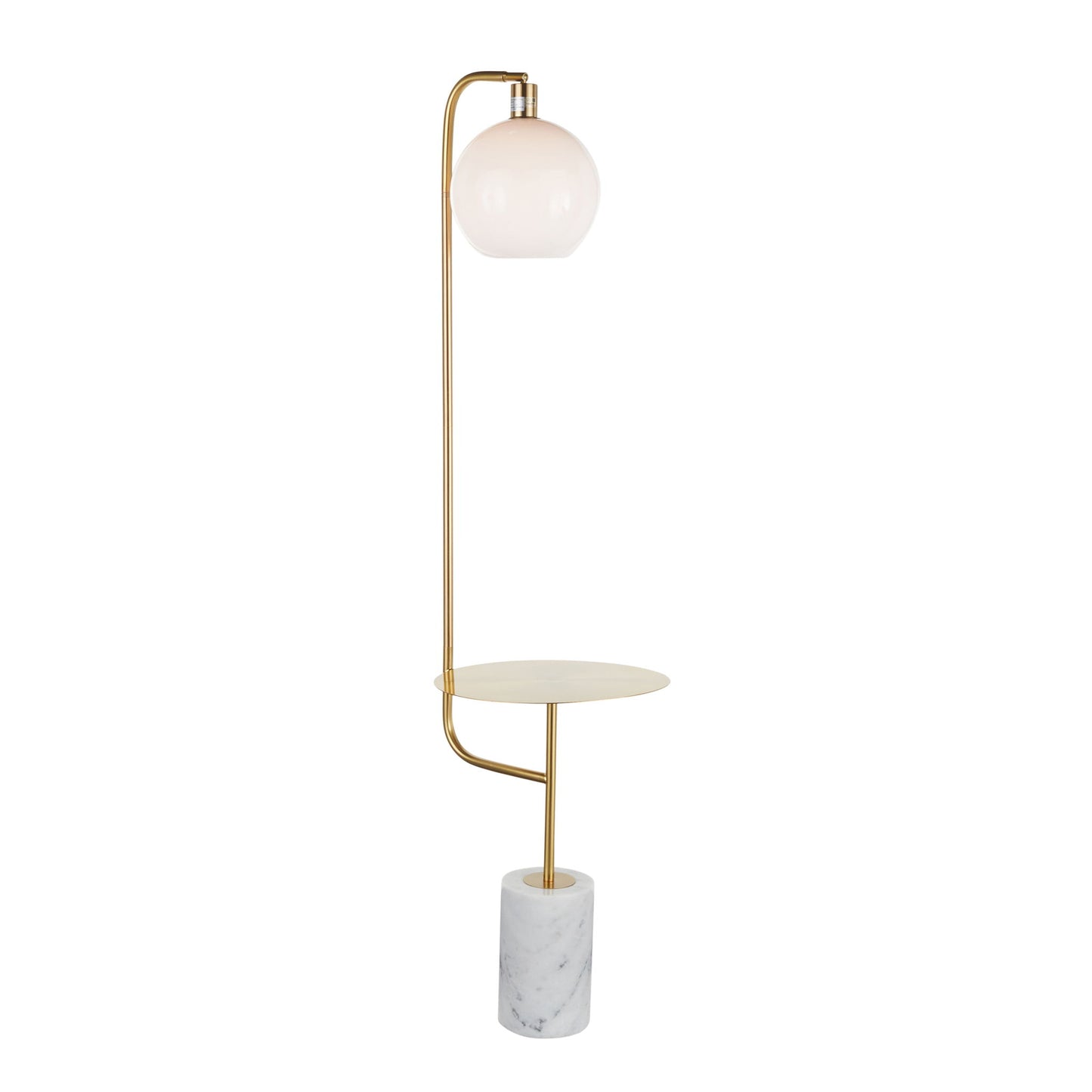 The Symbol Contemporary/Glam Floor Lamp Side Table features a gold metal stand, round white globe shade, small circular side table, and a white marble cylindrical base—all integrated into one stylish piece.