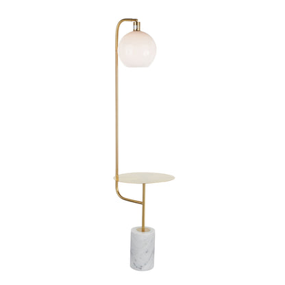 The Symbol Contemporary/Glam Floor Lamp Side Table features a gold metal stand, round white globe shade, small circular side table, and a white marble cylindrical base—all integrated into one stylish piece.