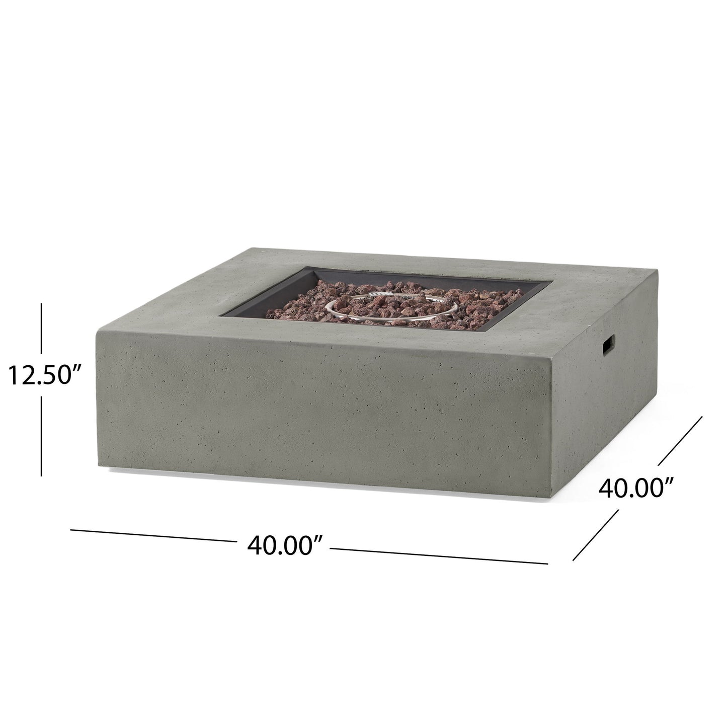 The Modern 50,000 Btu Square Fire Table With Propane Tank features a recessed center with lava rocks, measures 40"W x 40"D x 12.5"H, and showcases a simple, modern design with a smooth gray finish.