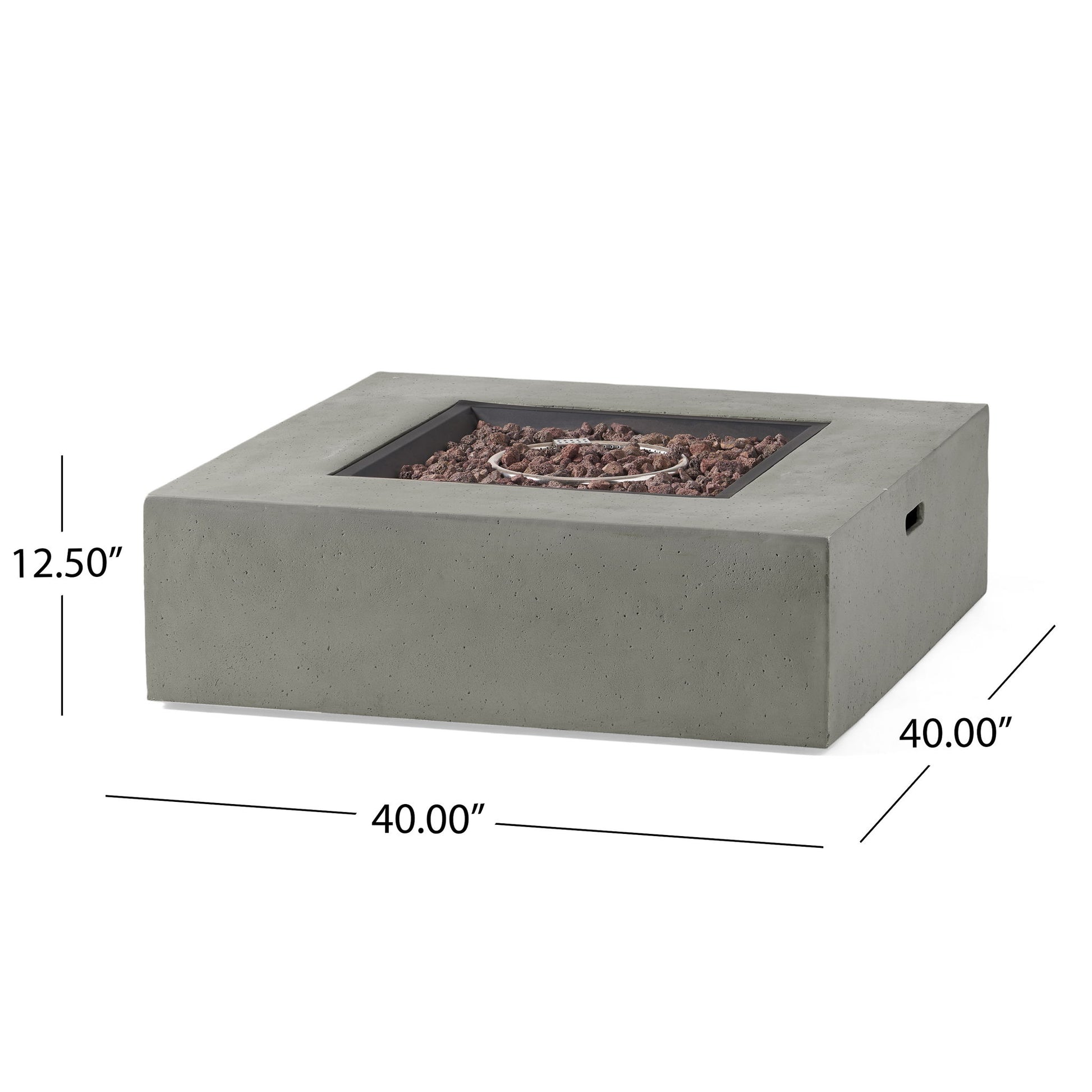 The Modern 50,000 Btu Square Fire Table With Propane Tank features a recessed center with lava rocks, measures 40"W x 40"D x 12.5"H, and showcases a simple, modern design with a smooth gray finish.