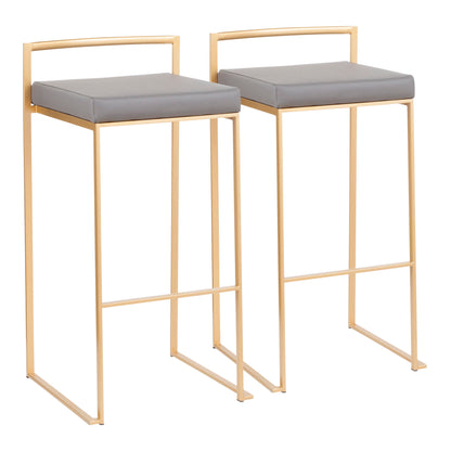 The Fuji barstool features a contemporary glam design with gold metal frames, square grey cushioned seats, minimalist matching backrests, and slim legs joined by horizontal supports for quality construction. Comes as a set of two.