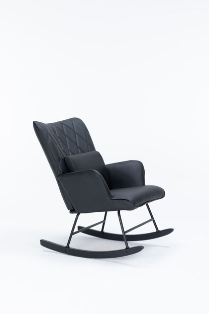 The Rocking Accent Chair With Lumbar Pillow And Ottoman features a modern black design with padded seat, armrests, diamond-stitched backrest, sleek metal legs with curved wooden rockers—shown on a plain white background.